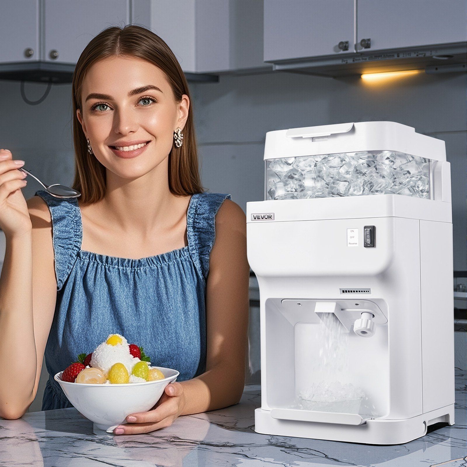 Commercial Ice Shaver 220LBS/H Electric Ice Crusher Snow Cone Maker, High-Performance Motor with Stainless Steel Blades, Adjustable Ice Fineness, Large 8L Capacity, Secure and Easy Operation for Home