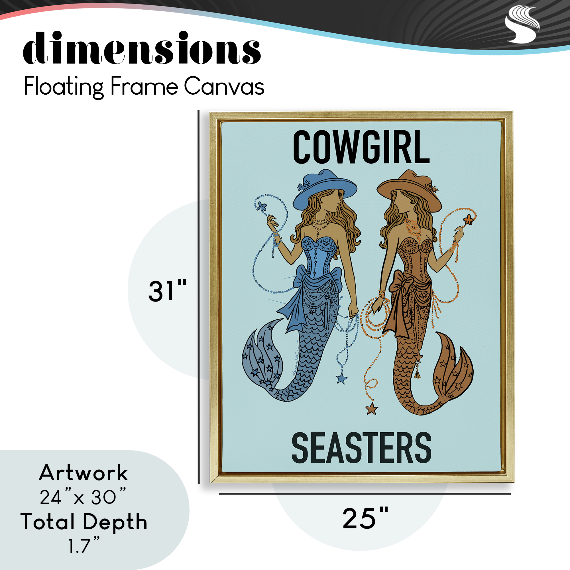 Cowgirl Seasters Mermaid Friendship Gold Framed Floater Canvas Wall Art, design by Amelia Noyes