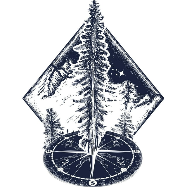 Majestic Pine Tree in Snowy Mountain Nature on Compass Geometric Art Vinyl Sticker (2" Tall)