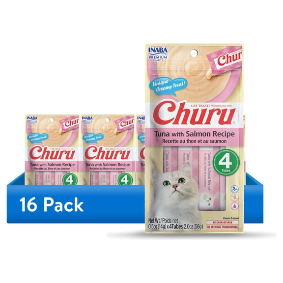 (16 pack) Inaba Churu Creamy, Lickable Wet Cat Treats, 0.5 oz, 4 Tubes, Tuna with Salmon