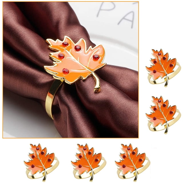 Fall Napkin Rings,Set of 6 Set for Dining Table - Golden Holder Rings Designed with Orange Maple Harvest Farmhouse Style for Thanksgiving Day Holiday Party Decor