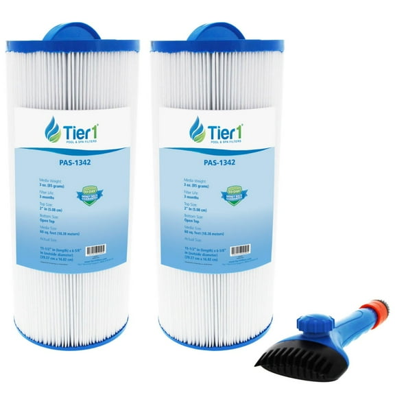 Tier1 Pool & Spa Filter Cartridge 2-pk with Tier1 Wand Brush Filter Cleaner | Replacement for Jacuzzi J300 6541-383, PJW60TL-OT-F2S and More | 60 sq ft Pleated Fabric Filter Media