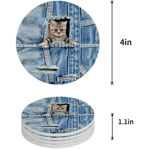 FMSHPON Hole Cowboy Hole Cat Cute Shorthair Pet Set of 4 Round Coaster for Drinks, Absorbent Ceramic Stone Coasters Cup Mat with Cork Base for Home Kitchen Room Coffee Table Bar Decor