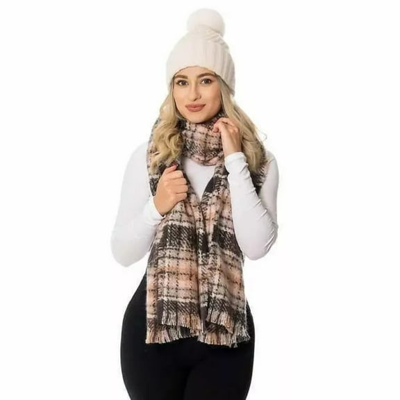 Emanuel Geraldo Ladies' Faux Fur Pom Plaid Hat, Scarf & Glove Set, White/Pink - One Size