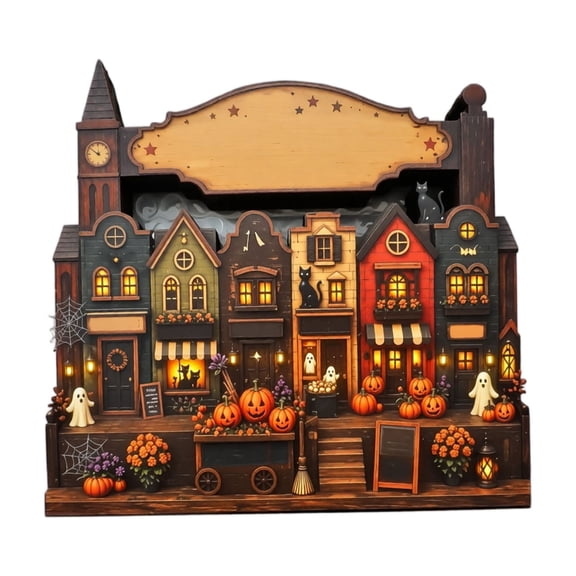 Halloween Village Figurine Vintage Wooden Lighted Spooky Town Display for Halloween Table Decor Fall Home and Party Decorations