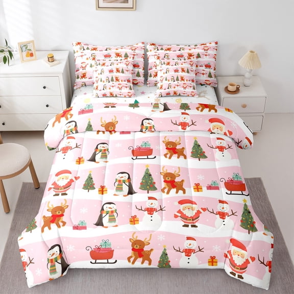 Feelyou Kawaii Santa Claus Bedding Comforter Set 7 Pieces, Christmas Snowman Full Bedding Set, Reindeer Penguin Animal Reversible Fitted Sheet Flat Sheet, Lightweight Room Decor