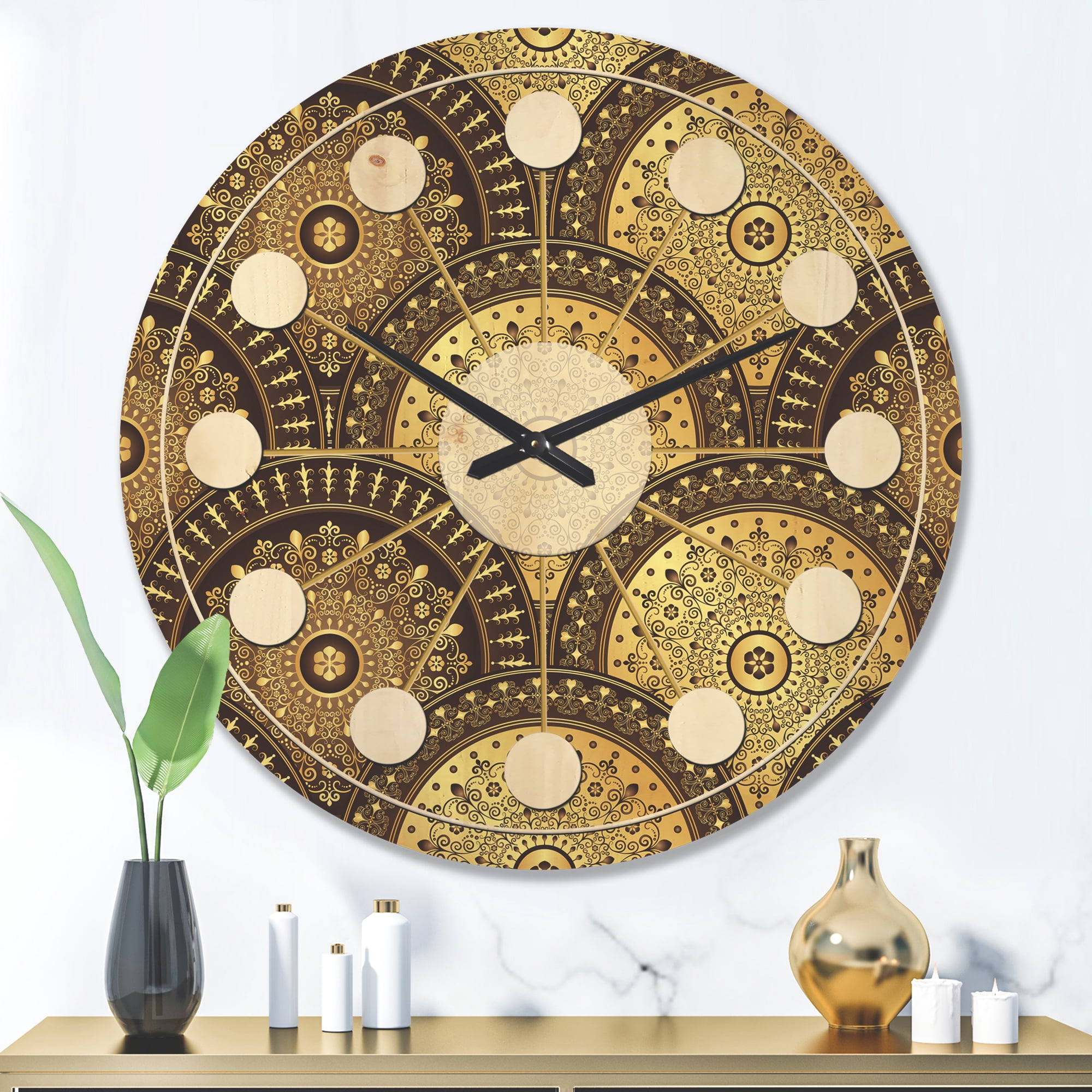 Designart 'Golden Circular Retro Pattern I' Mid-Century Modern Wood Wall Clock