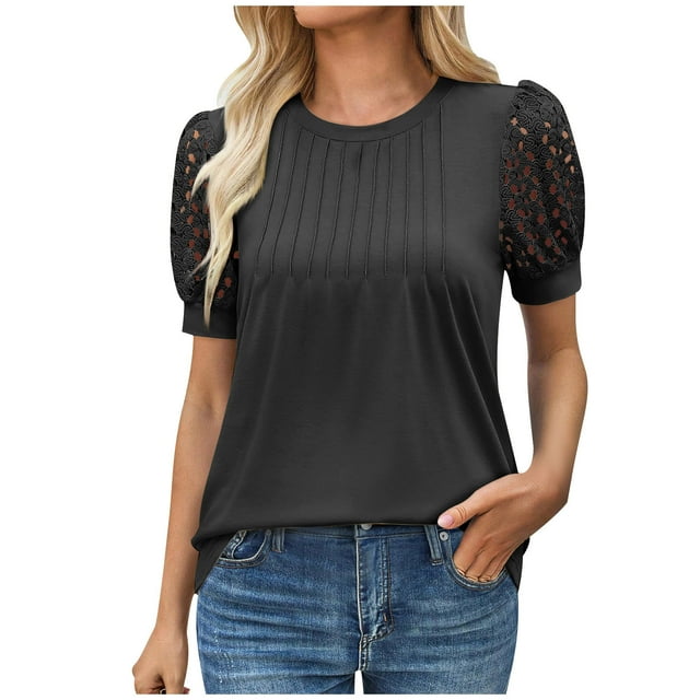 Blusas de Manga Corta para las Mujeres de Moda Color Sólido Cuello Redondo Blusas, Poliéster Verano Primavera