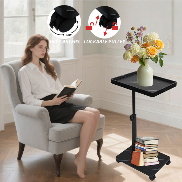 ManyFun C Table End Table Adjustable Heigh Durable MDF Top, Steel Frame, Universal Wheels, Multifunctional Tea Table (Black and white texture)