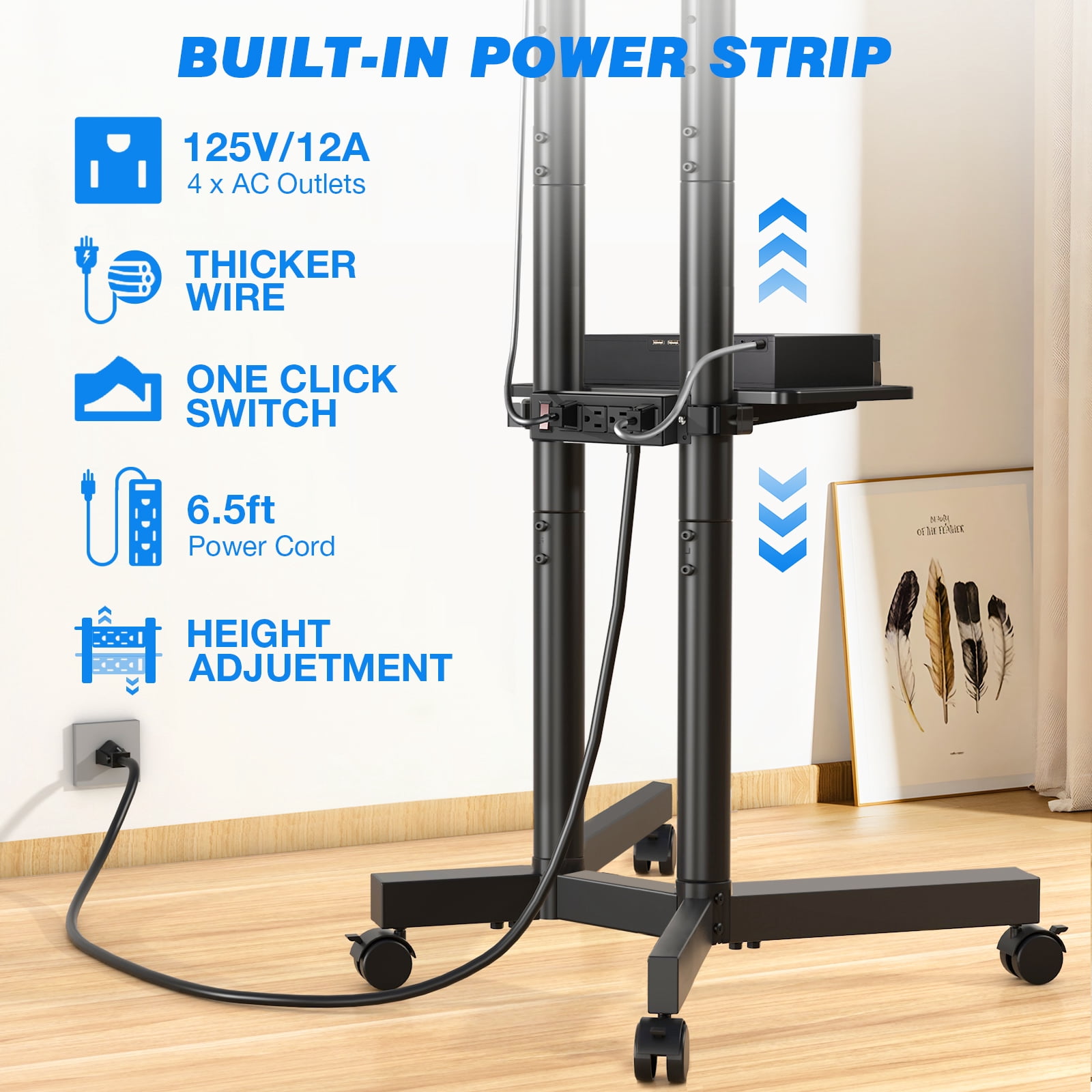 RTVR Modern Rolling TV Cart Stand on Wheels for TVs up to 75 inch, Swivel Mount Mobile Stand Base Black Shelf w/ Power Outlet