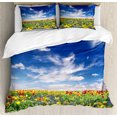 thumbnail image 1 of Flower Duvet Cover Set Queen Size, Flowers Meadow and Cloudy Sky Nature Landscape Print Vivid Sun Springtime Artistic, Decorative 3 Piece Bedding Set with 2 Pillow Shams, Multicolor, by Ambesonne, 1 of 3