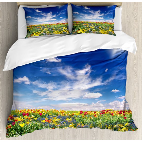 Flower Duvet Cover Set Queen Size, Flowers Meadow and Cloudy Sky Nature Landscape Print Vivid Sun Springtime Artistic, Decorative 3 Piece Bedding Set with 2 Pillow Shams, Multicolor, by Ambesonne