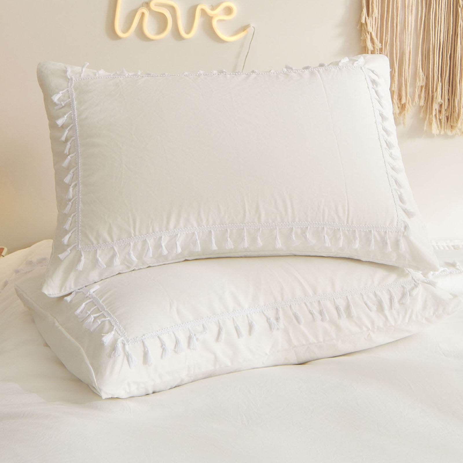 Move Over White Tassel Bedding Set Hollow Square Tassel Duvet Cover Set Pattern Washed Microfiber Queen No Filling