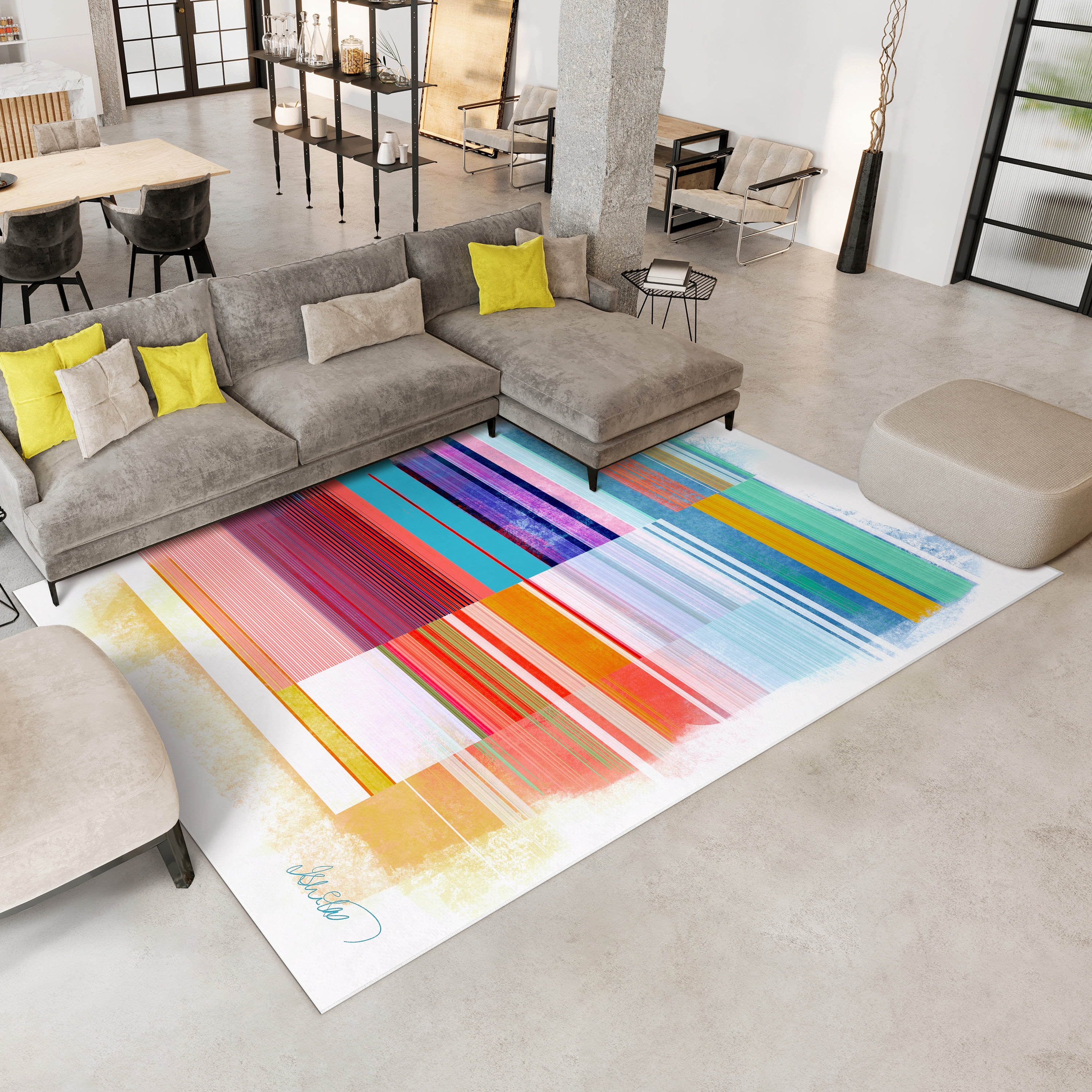 Ephemeral Linear Washable Colorful Lines Art Area Rug size 8'x10', Power-loomed, Heavenly Softness with Non-Slipping Backing