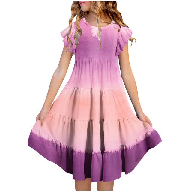 Robes d'Été pour Tout-Petites Filles à Double Couche, Manches Volantées, Coupe Évasée Fluide, Robe Soleil Décontractée Teinture sur Nœuds, Robes Midi 10-11 Ans
