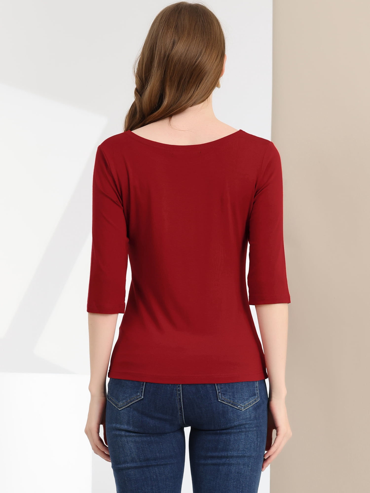 DARING DIVA Women's Elbow Sleeves Boat Neck Slim Fit Classic Tee S Wine Red