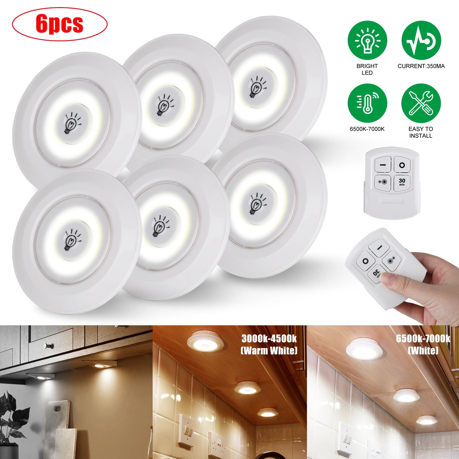 LED Kitchen Under Cabinet Lighting Wireless Counter Night Light Battery Operated 