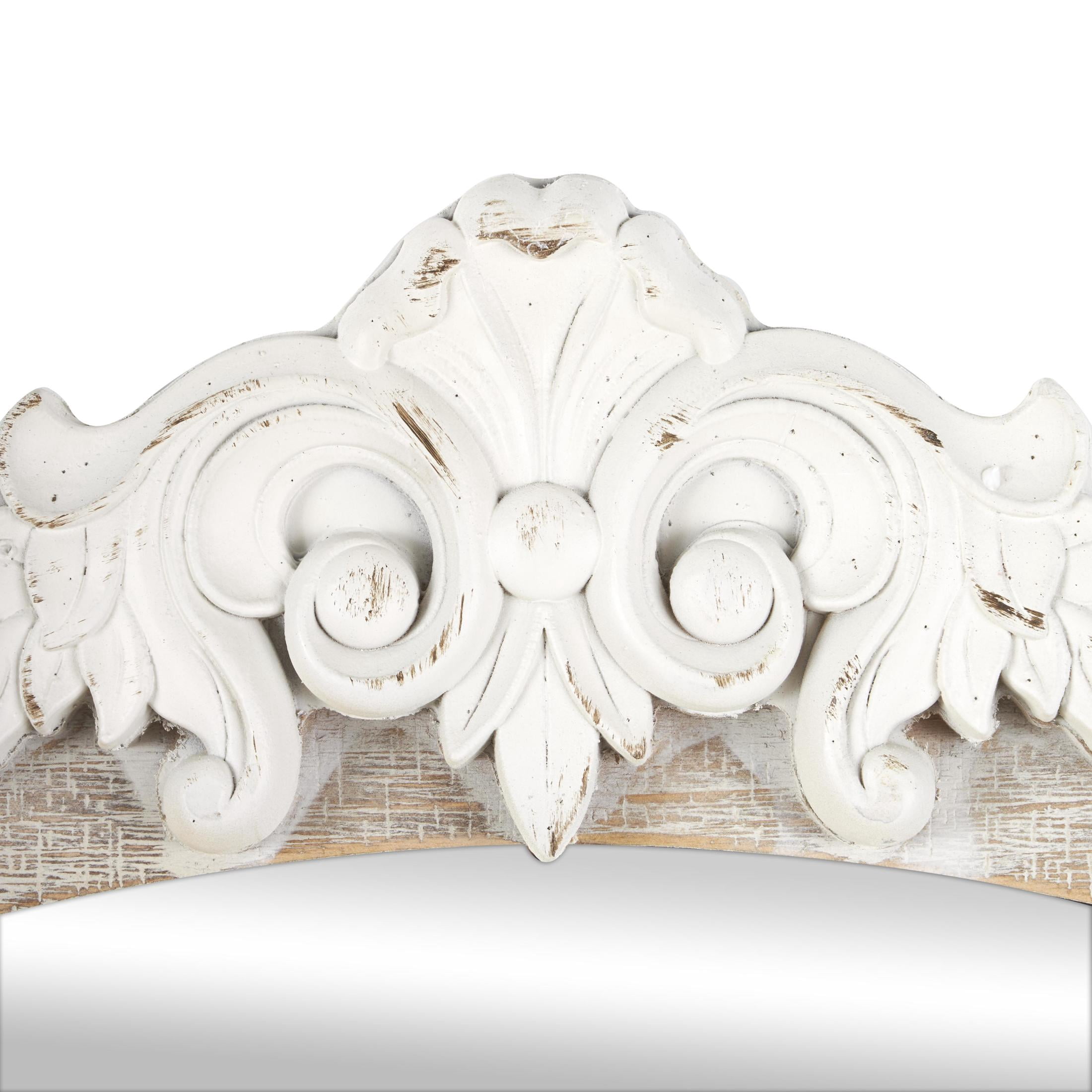 DecMode 28" x 37" Cream Arched Scroll Fleur De Lis Wall Mirror with Brown Distressing