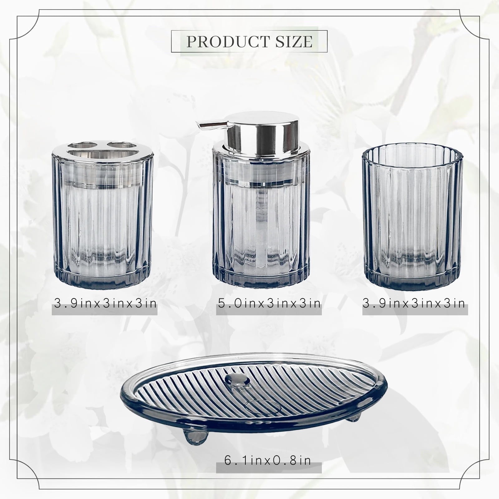 CERBIOR Bathroom Accessories Set, 4 Pcs Glass Bathroom Accessories Sets Complete w/Soap Dispenser, Soap Dish ,Toothbrush Holder,Tumbler, Bathroom Decor, Gift for Home Apartment, Silver Grey