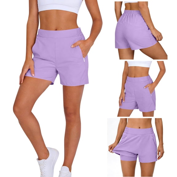 ClodeEU Women's Athletic Shorts with Liner ,Elastic Waist Casual Bottoms with Zipper Pockets Purple,Womens Plus L