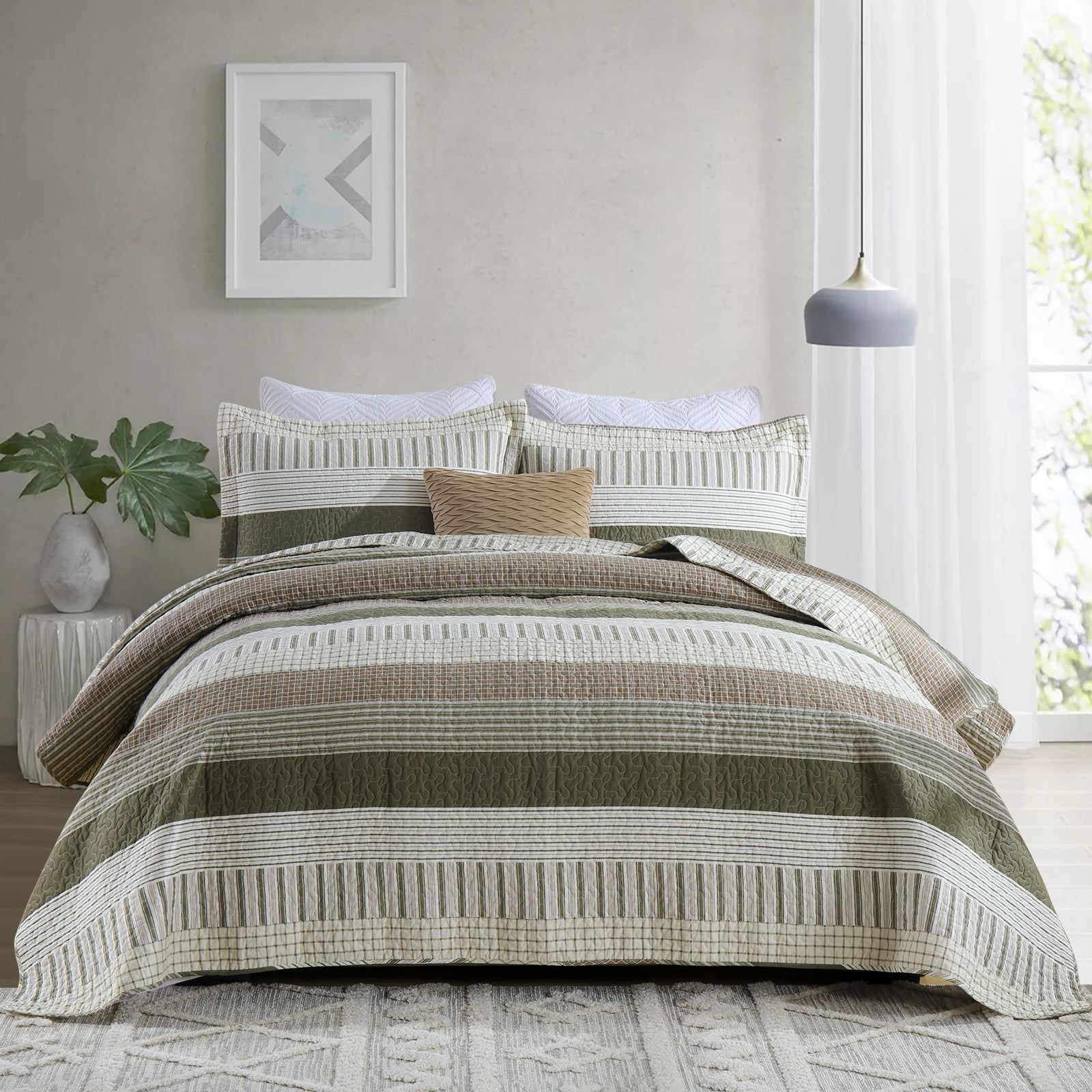 Bedduvit 100% Cotton King Size Quilt Set, Green Beige Brown Striped Lightweight King Quilt Bedspreads for Bed, Farmhouse Breathable King Quilt Coverlet/Bedding Set for All Season, 3-Piece (98"x106")