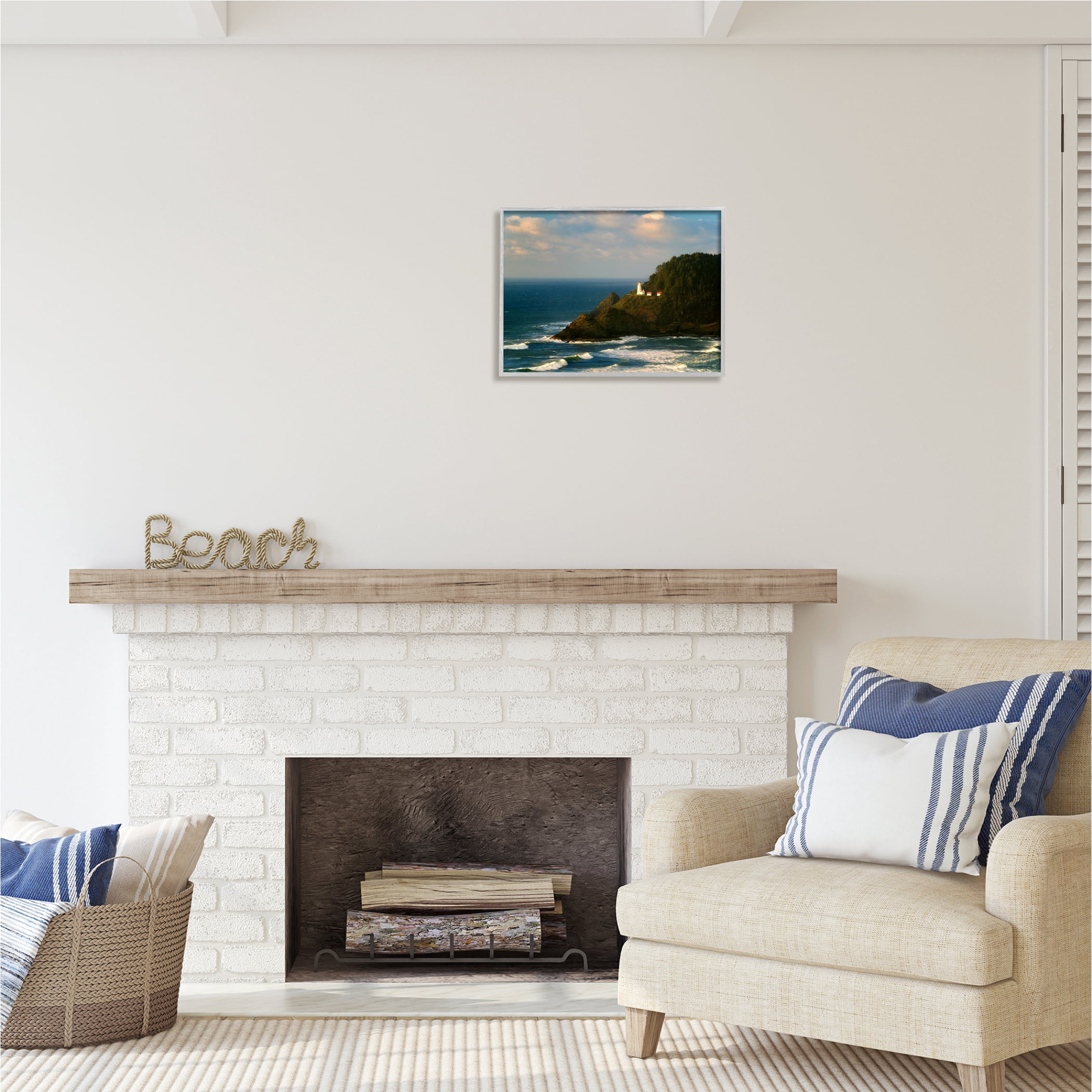 Stupell Industries Lighthouse Ocean Cliffs Nature Photography Gray Framed Art Print Wall Art, 20 x 16