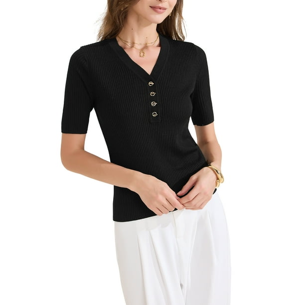 INSPIRAR CHIC Blusas de Mujer de Punto Acanalado con Cuello en V y Botones de Manga Corta XS Negra