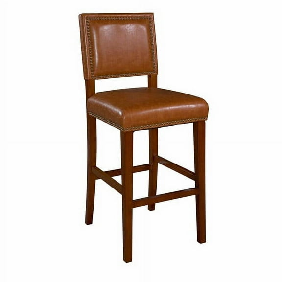 Linon Brook 30" Wood Bar Stool Caramel Faux Leather Nailhead Trim in Walnut