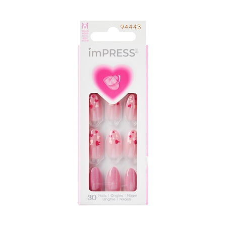 KISS imPRESS Design  Valentine's Day Press on Nails, Much Love, Pink, Medium Almond, 30 Count