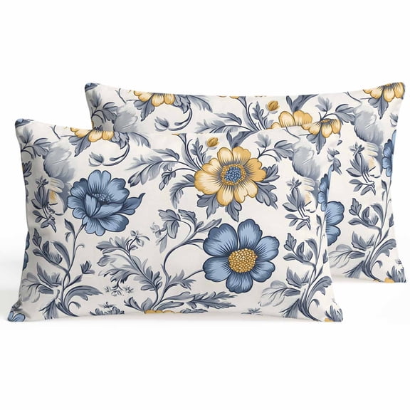 Set of 2 Vintage Flower Pillow Covers 12x20 Inch, Abstract Floral Art Leaf Yellow Blue Decorative Throw Pillow Cases Cotton Cushion Covers for Sofa Couch Bed Living Room Bedroom Home Decor
