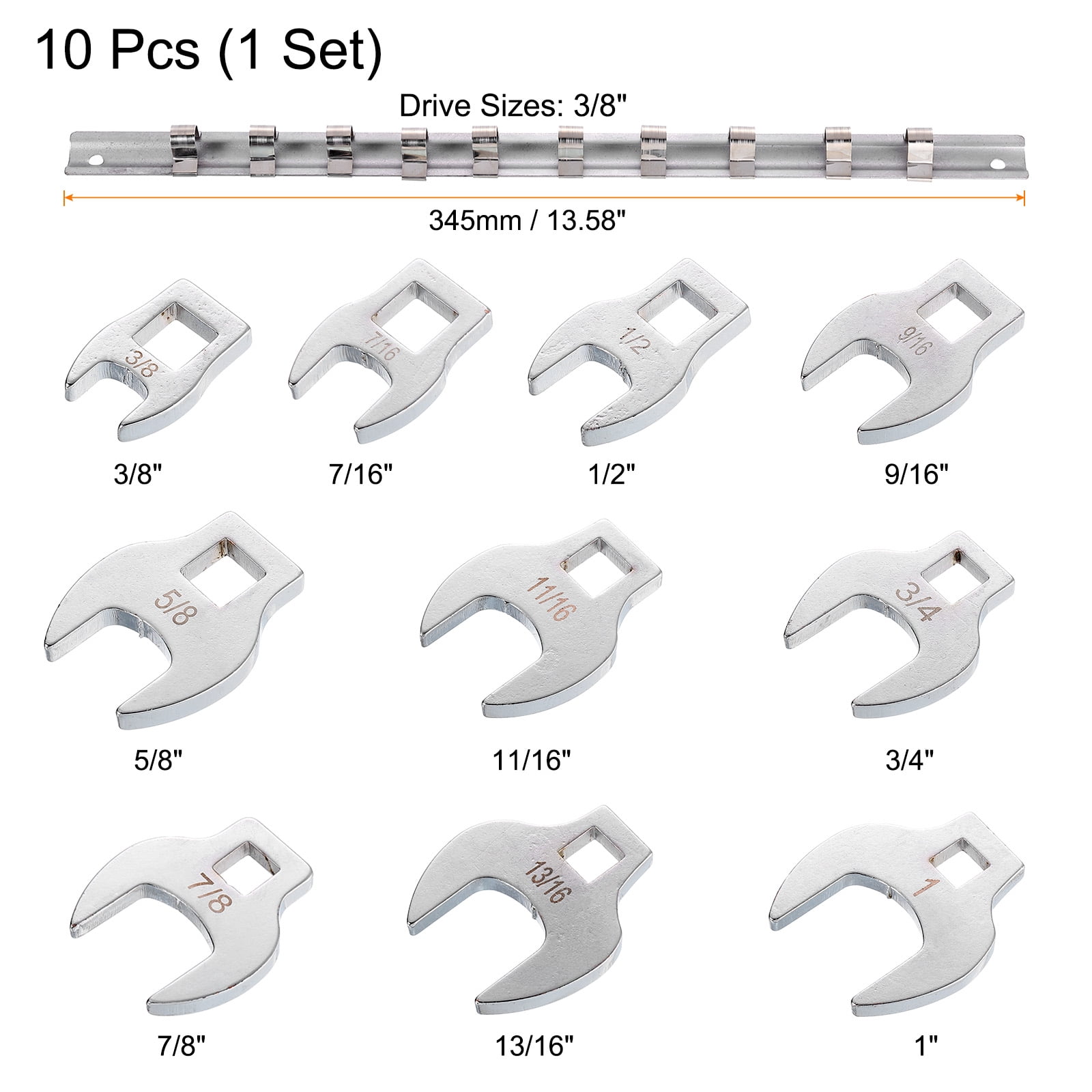 Uxcell 10 Pieces Drive Crowfoot Wrench Set 3/8" - 1" Drive Fractional Crowfoot Wrench with Clip-on Organizer