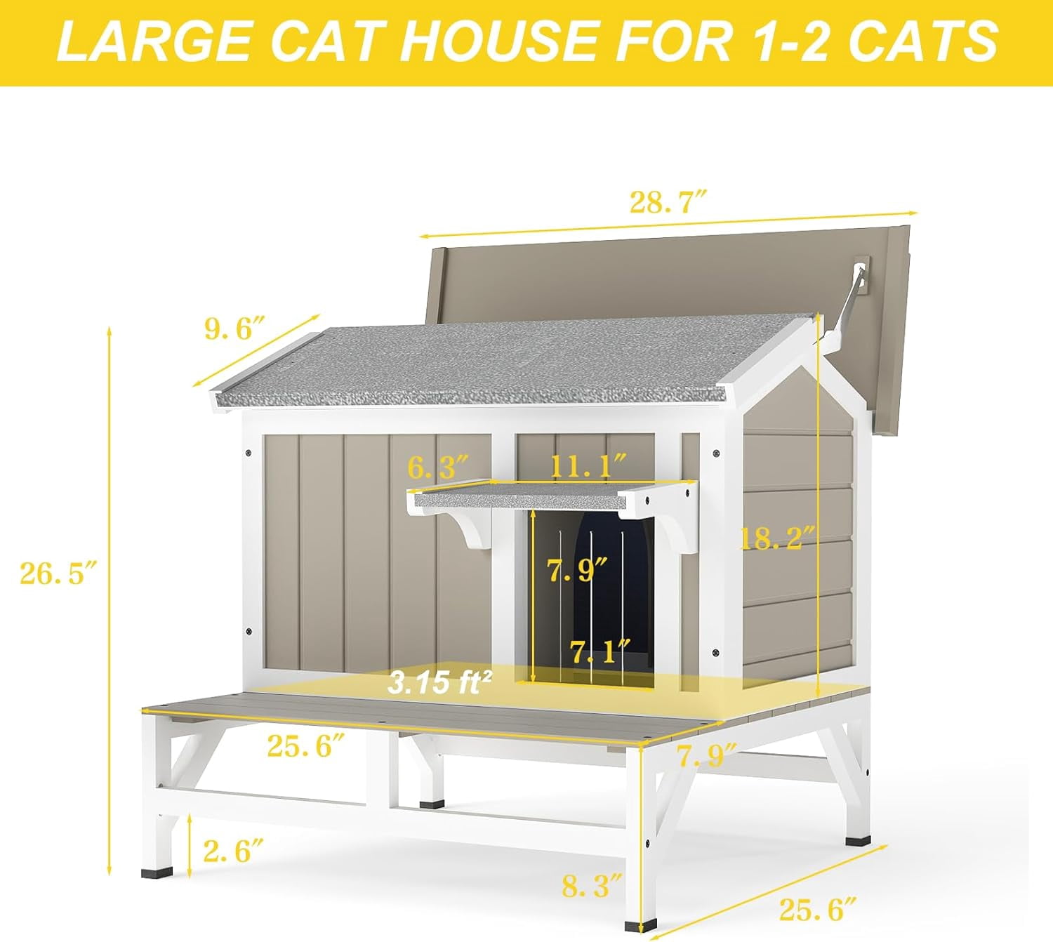 28.7"L Cat House Outdoor Feral Cat Shelter with Balcony,Weatherproof Cat Houses for Outdoor Cats with Openable Asphalt Roof,Wooden Feral Cat Enclosure with Raised Base for 1-3 Cats(GREY)