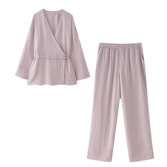 Birdeem Blouses for Women Womens Home V-Neck Solid Bandage Set for Daily Outing Wear Long Pants Set