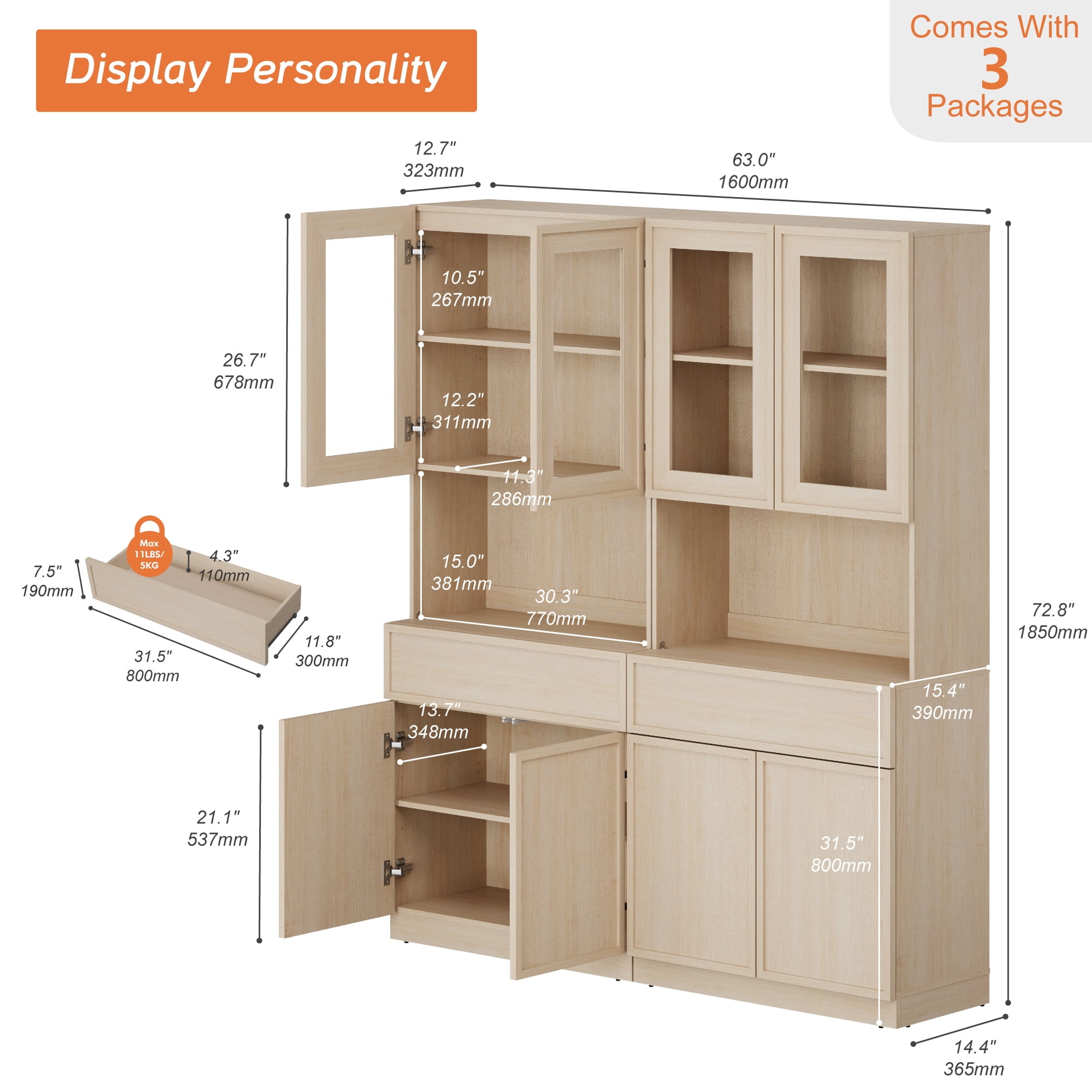 Modern Wood Sideboard Buffet with Glass Doors, Drawers & Adjustable Shelves, 72" Tall Glass Display Storage Cabinet,Beige