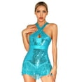 thumbnail image 2 of DOOMIVA Glittery Sparkly Bodysuit for Women Halter Cross Latin Jazz Ballroom Fringe Dance Leotard Sky Blue S, 2 of 7