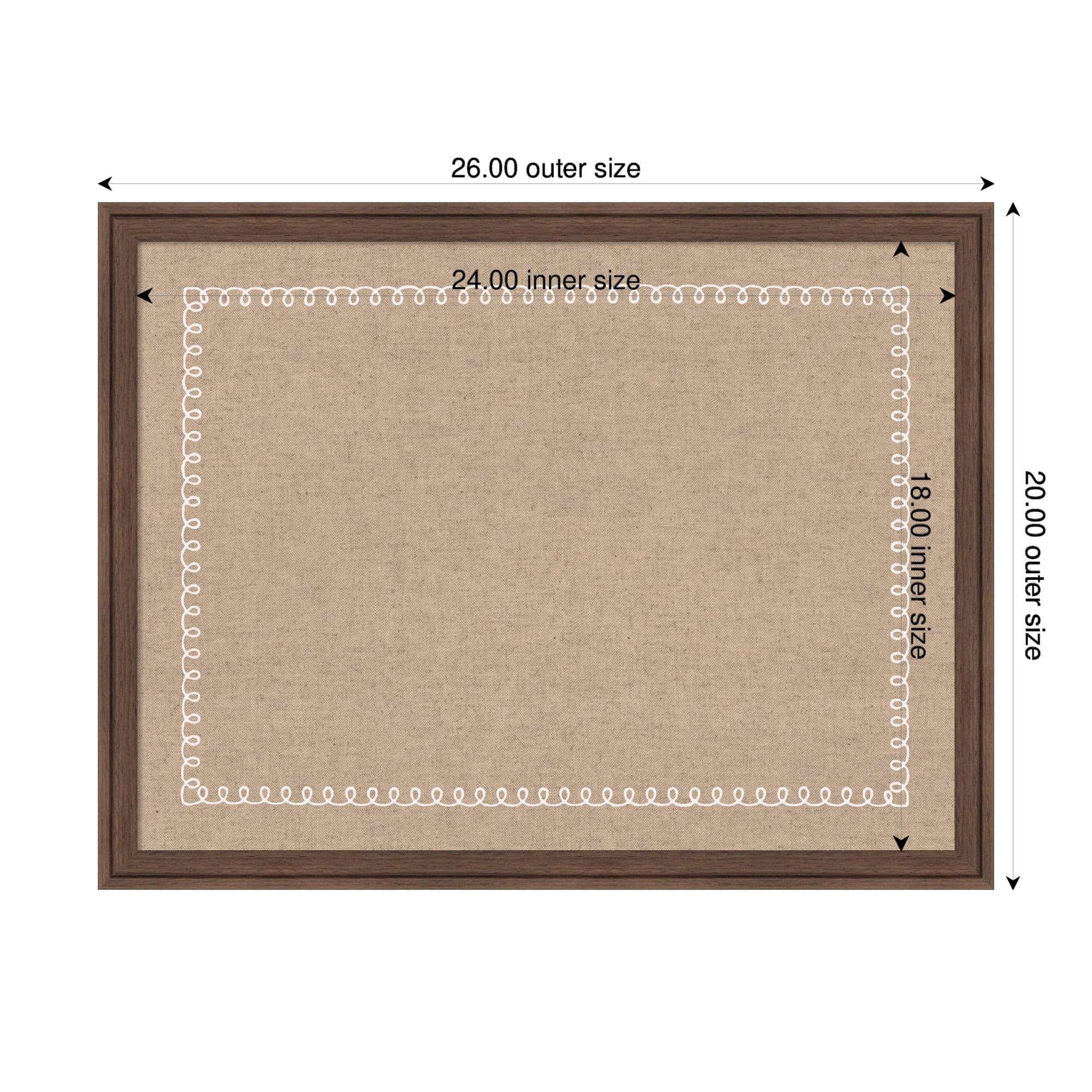 Kate and Laurel Framed Fabric Pinboard 26 x 20, White Scalloped Edge Printed Linen Classic Bulletin Board for Use as a Vision Board or Wall Organization, Florence Medium Brown Frame