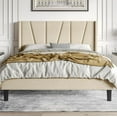 thumbnail image 3 of Einfach Full Bed Frame, Upholstered Platform Bed with Wingback and Geometric Headboard, Beige, 3 of 7