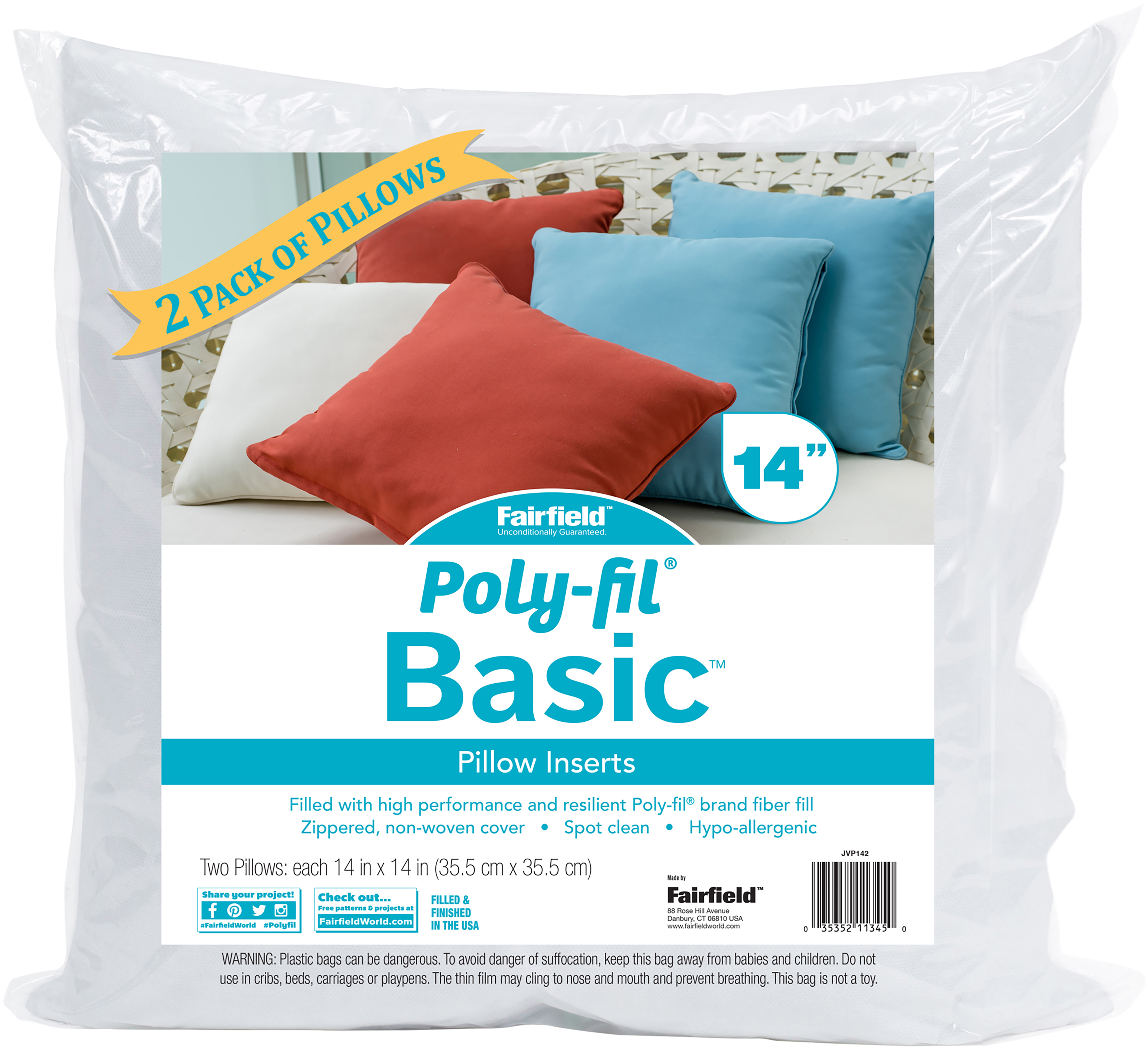 Fairfield Poly Fil Basic Pillow Insert 2 Pkg 14 X14 Fob Mi