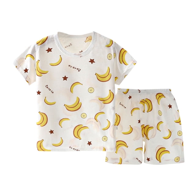 Ensemble de Pyjama d'Été Mignon pour Garçons et Filles, Col Rond, Manches Courtes, Motifs Imprimés, Shorts à Taille Élastique, Coton, Confortable, Deux Pièces, Vêtements d'Été, Blanc, 6-7 Ans