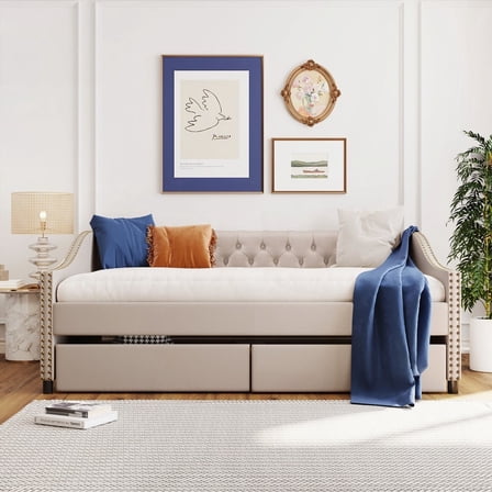 Upholstered Daybed with 2 Drawers - Solid & Sturdy | Full Size