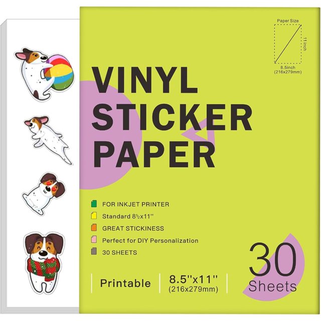shiyou-30 Sheets Premium Printable Vinyl Sticker Paper for Inkjet and Laser Printers Glossy White 8.5x11 Inch Waterproof & Vibrant Colours Retains Ink Well Tear Resistant Great for Cutting Machines
