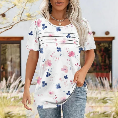 GSPCLAM Women s Crew Neck Tops Floral Pattern Casual T-Shirts Drsssy Summer Loose Fit Comfy Casaul Tops Pink L