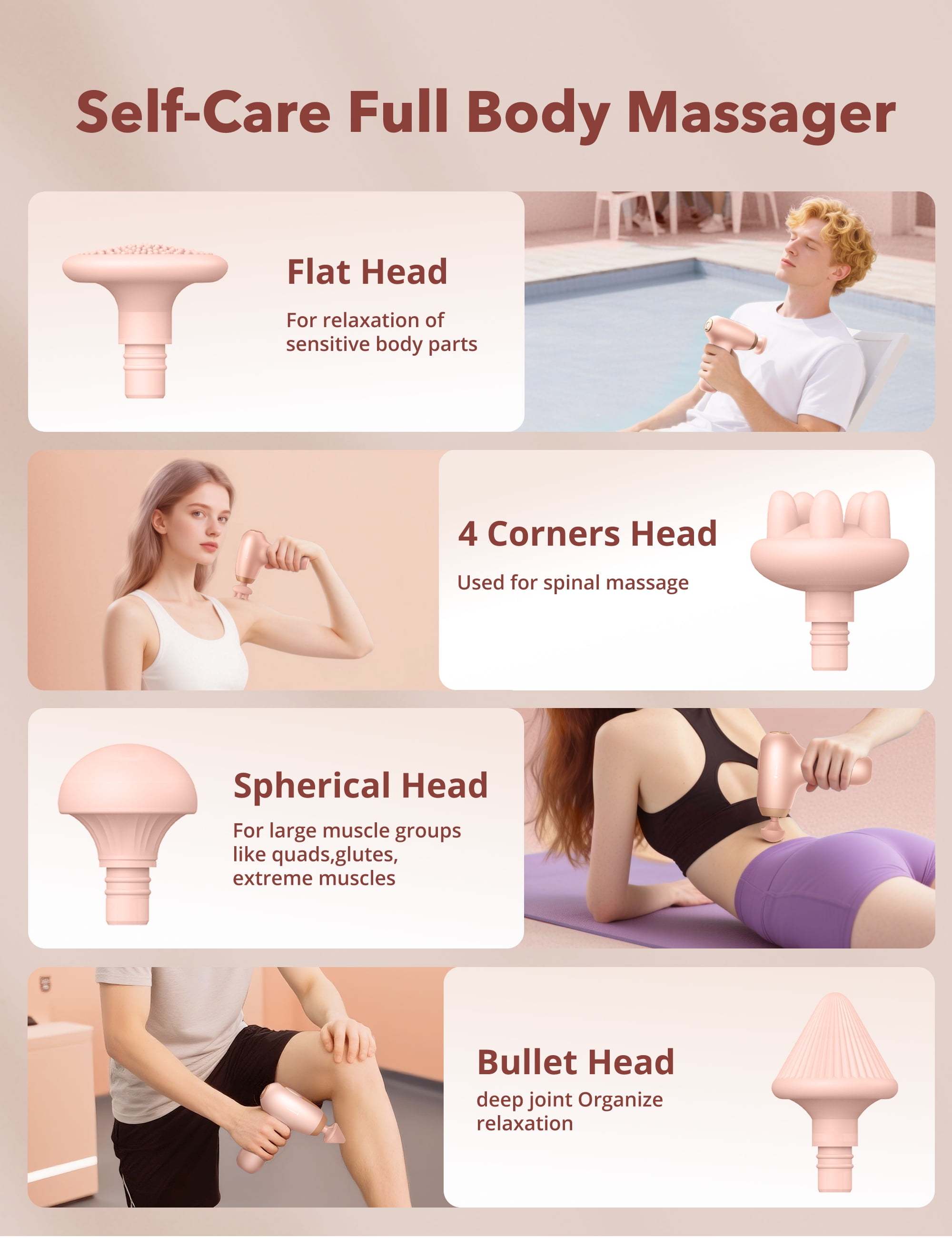 Massage Gun, Deep Tissue Muscle Massager Handheld Cordless Back Massager with 5 Speeds and 4 Heads, Pink