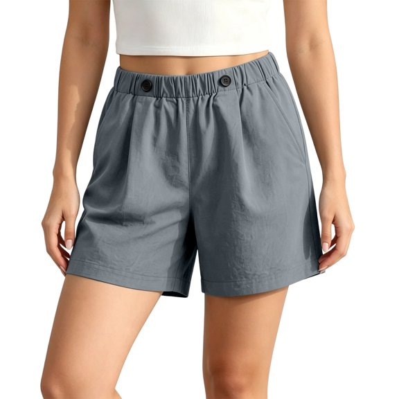 Costeam Womens Summer Linen Casual Shorts Solid Color Loose Fit Straight Hem with Side Pockets Elastic Waist Lightweight Breathable Soft Relaxed Fit Short Bottoms
