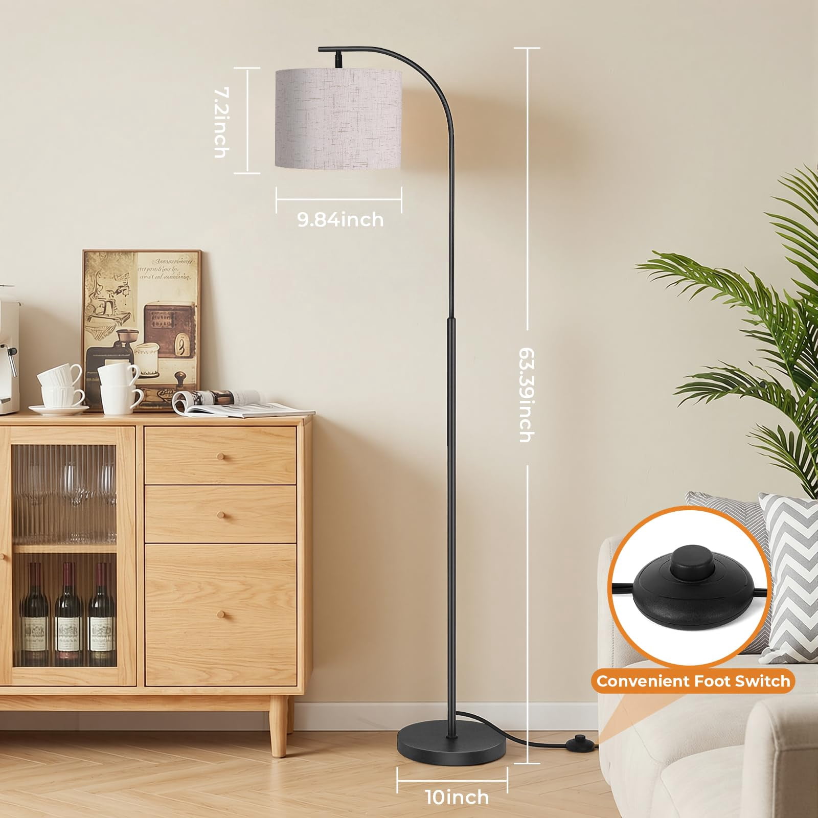 Beige Linen Shade Arc Dimmable Tall Standing Floor Lamp For Reading Living Room Bedroom Office