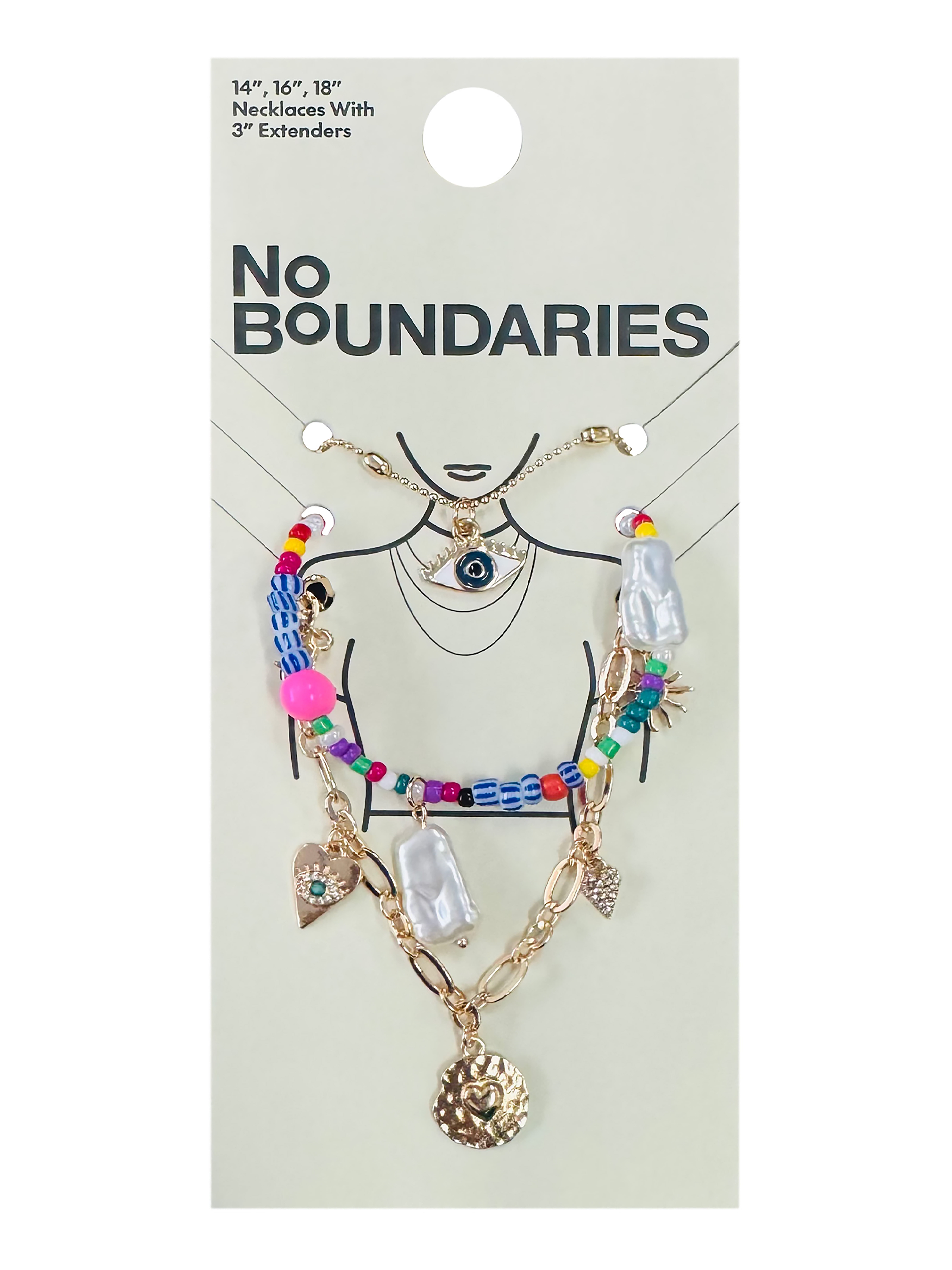 No Boundaries Multi Color Beaded with Evil Eye Gold Plated Necklace for Female Adults and Teens, 3 Pack