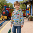 thumbnail image 2 of Little Boys 100% Cotton Train Zip Hoodie Gray Long Sleeve Jacket, Casual Kids Sweatshirt, 2T, 2 of 10