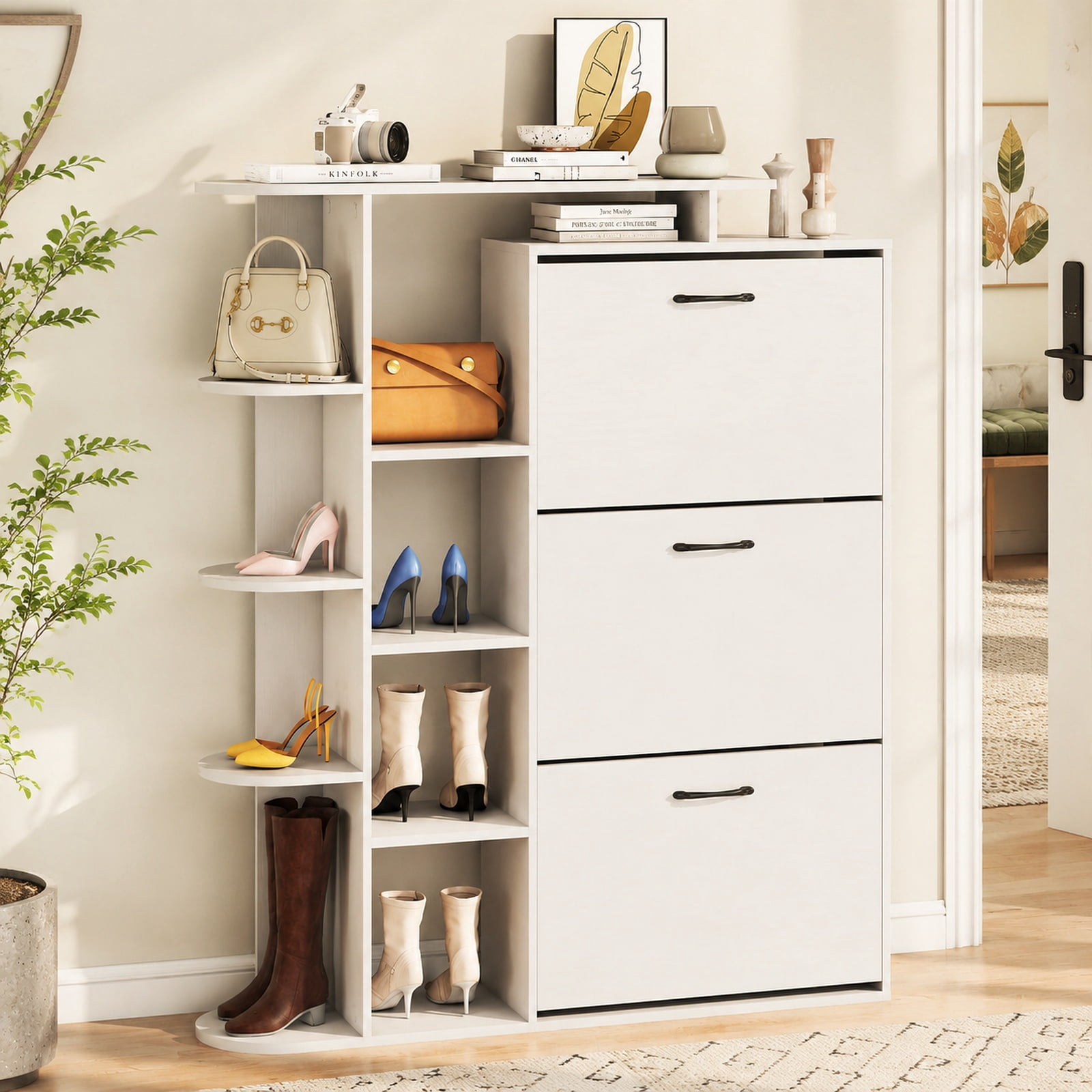Furnibear Tall Shoe Cabinet with Open Shelves and 3 Flip Drawers Modern Freestanding Shoe Storage Organizer for Entryway Hallway, White