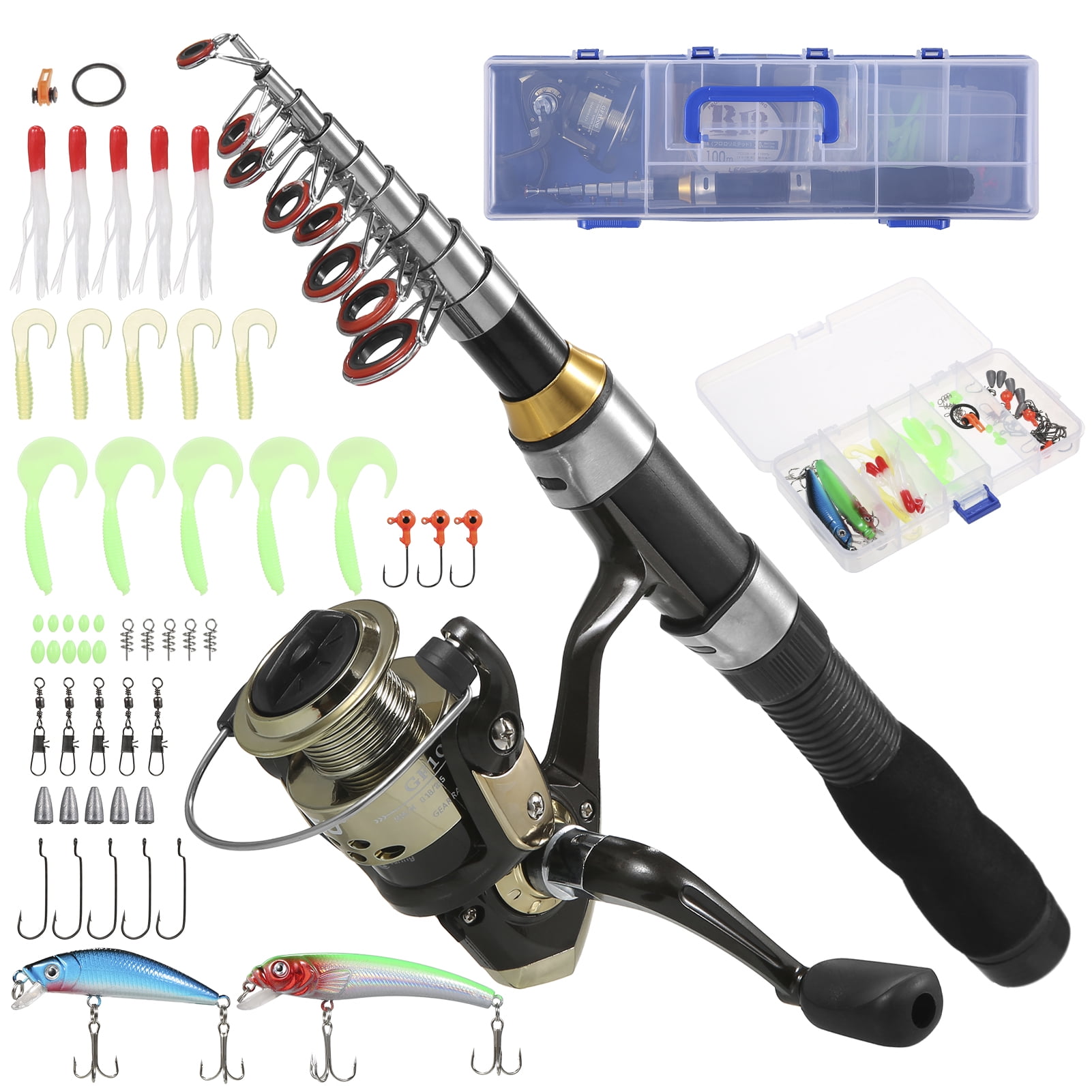 Rod Fishing Rod and Reel Combos Telescopic Fishing Pole with Spinning Reel Combo Kit Fishing Line Lures Hooks Swivels Set Fishing Accessories with Tackle Box