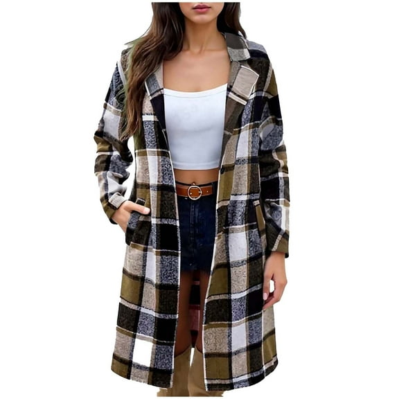 ZHYou Women Plaid Shacket Jackets,Flannel Casual Button Wool Blend Tartan Trench Coat,Winter Clothing with Pockets,Brown,Size:2XL